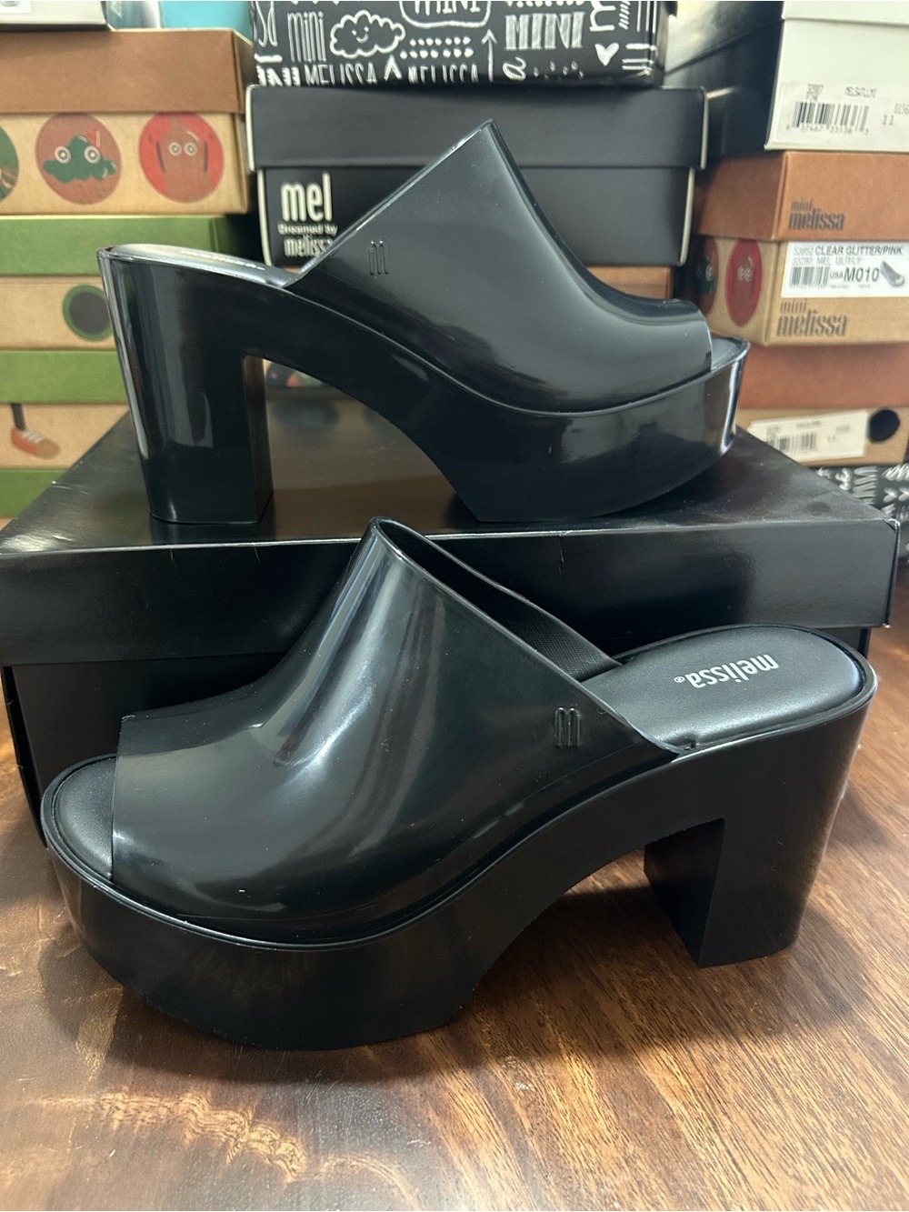 Melissa Black Glossy Platform Mule Heels new in box